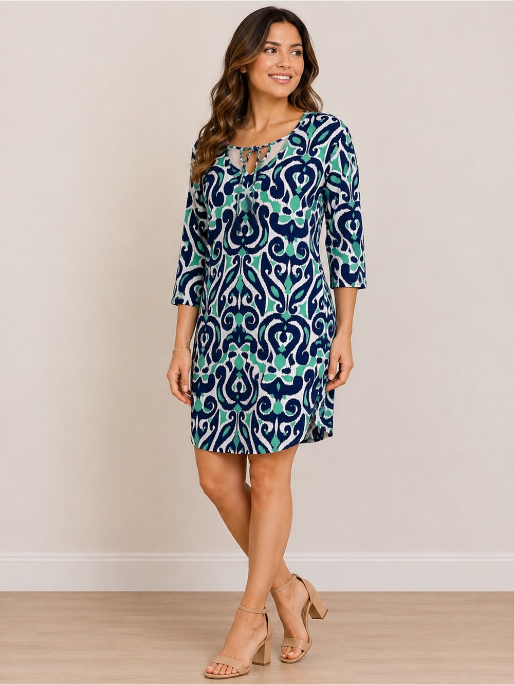 Liv&Lou Dress Size S/M Green & Navy Printed Mini Dress with Tie Neck